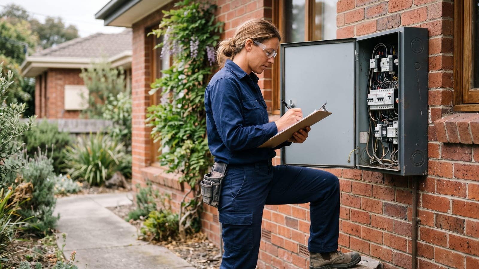 A New Zealand electrician in navy workwear and safety glasses noting results on a clipboard beside an open switchboard on a brick house.