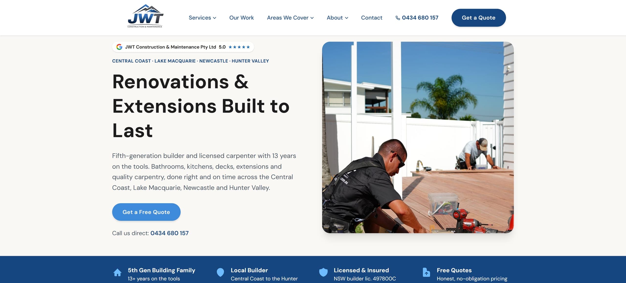 The new JWT Construction & Maintenance homepage built by Made 4 Tradies, with a 5.0 Google rating badge, the regions Jesse covers, a clear headline and a Get a Free Quote button