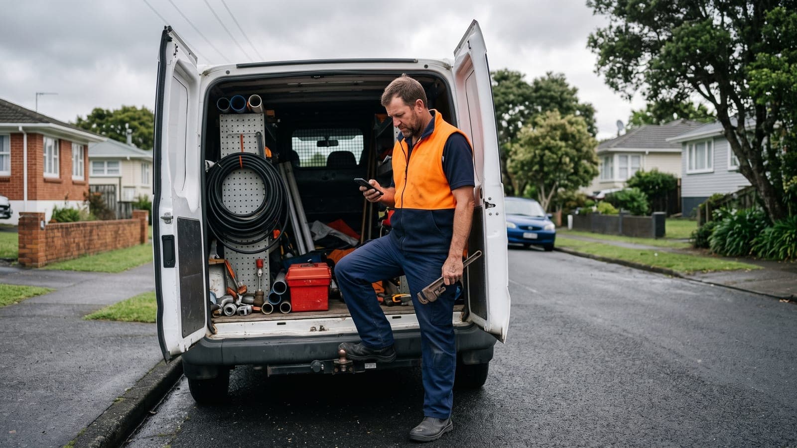 A New Zealand plumber in hi-vis at the open rear doors of his work van on a suburban street, checking his phone between jobs.