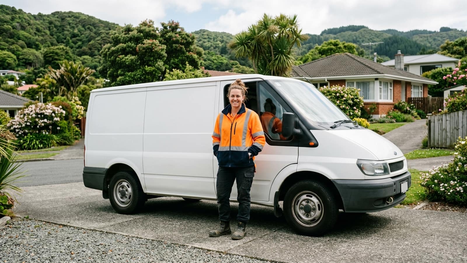 A New Zealand female trade professional standing near her white work van in a suburban driveway with green hills in the background.