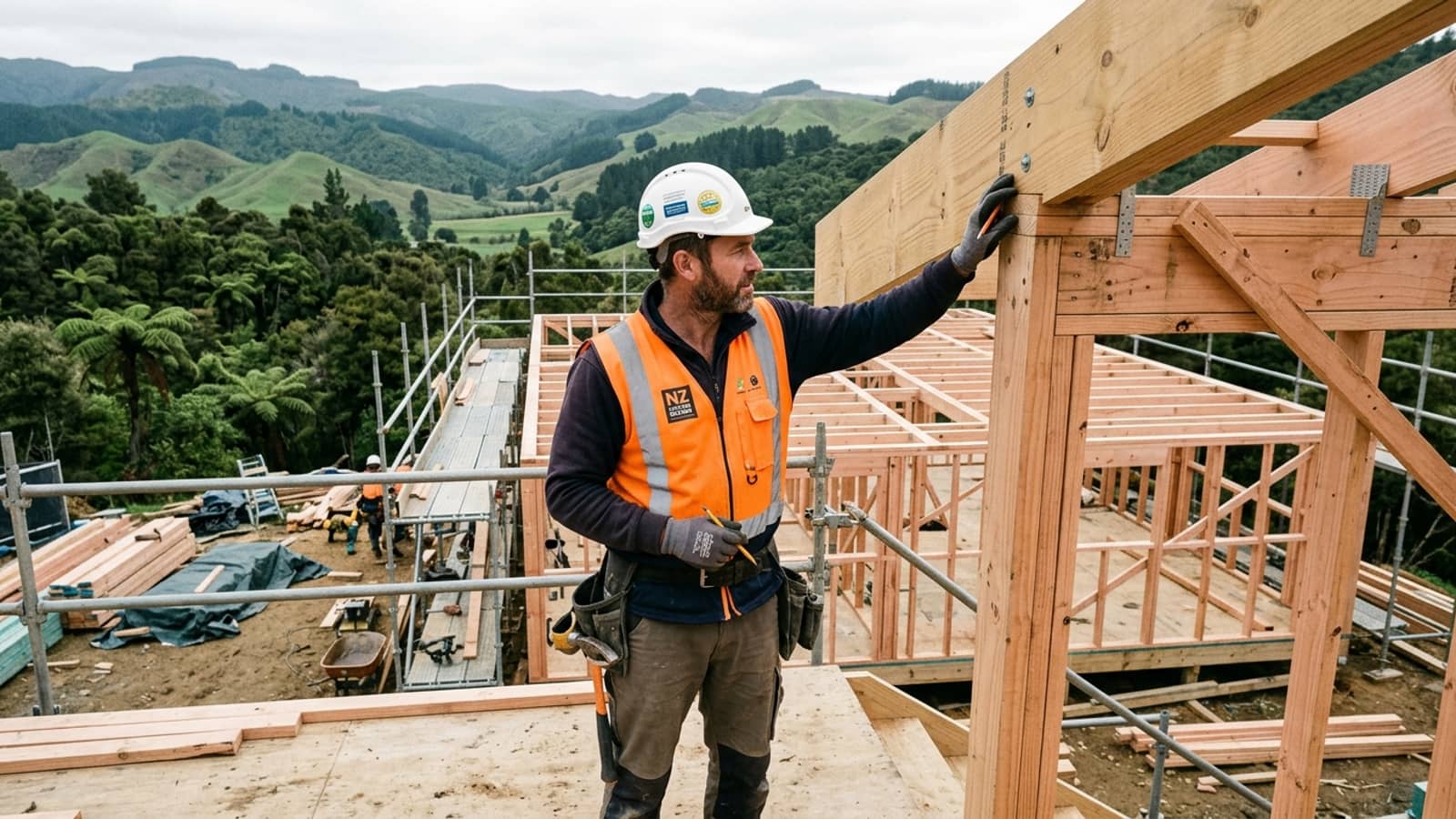 A New Zealand licensed building practitioner reviewing architectural plans on timber framing at a residential building site.