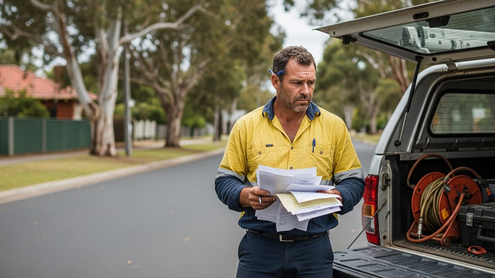 A New Zealand tradesman at his open ute tray, frowning over a stack of paper invoices and lead bills.