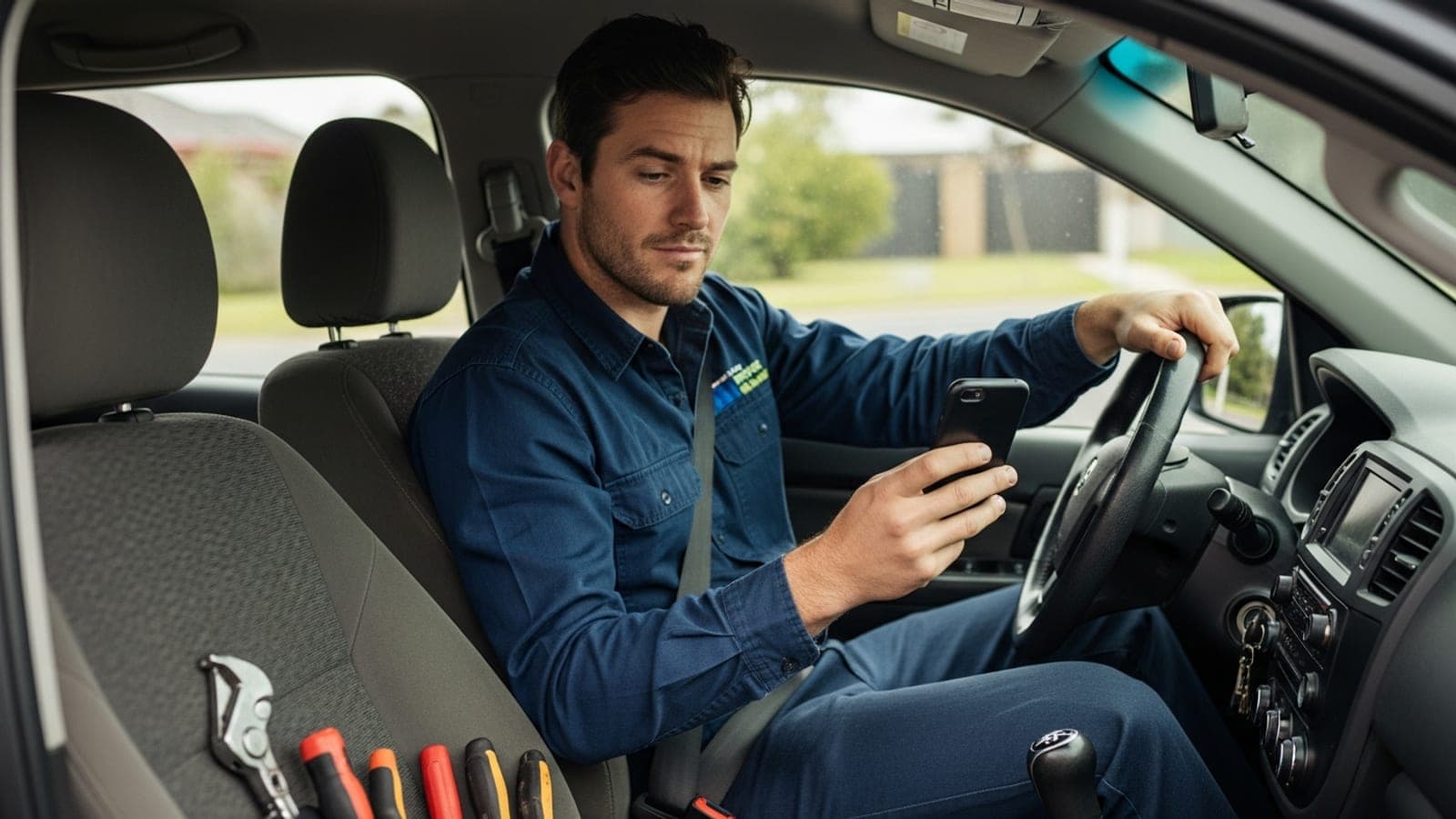 A New Zealand plumber in his work ute frowning at a lead-platform app on his phone.