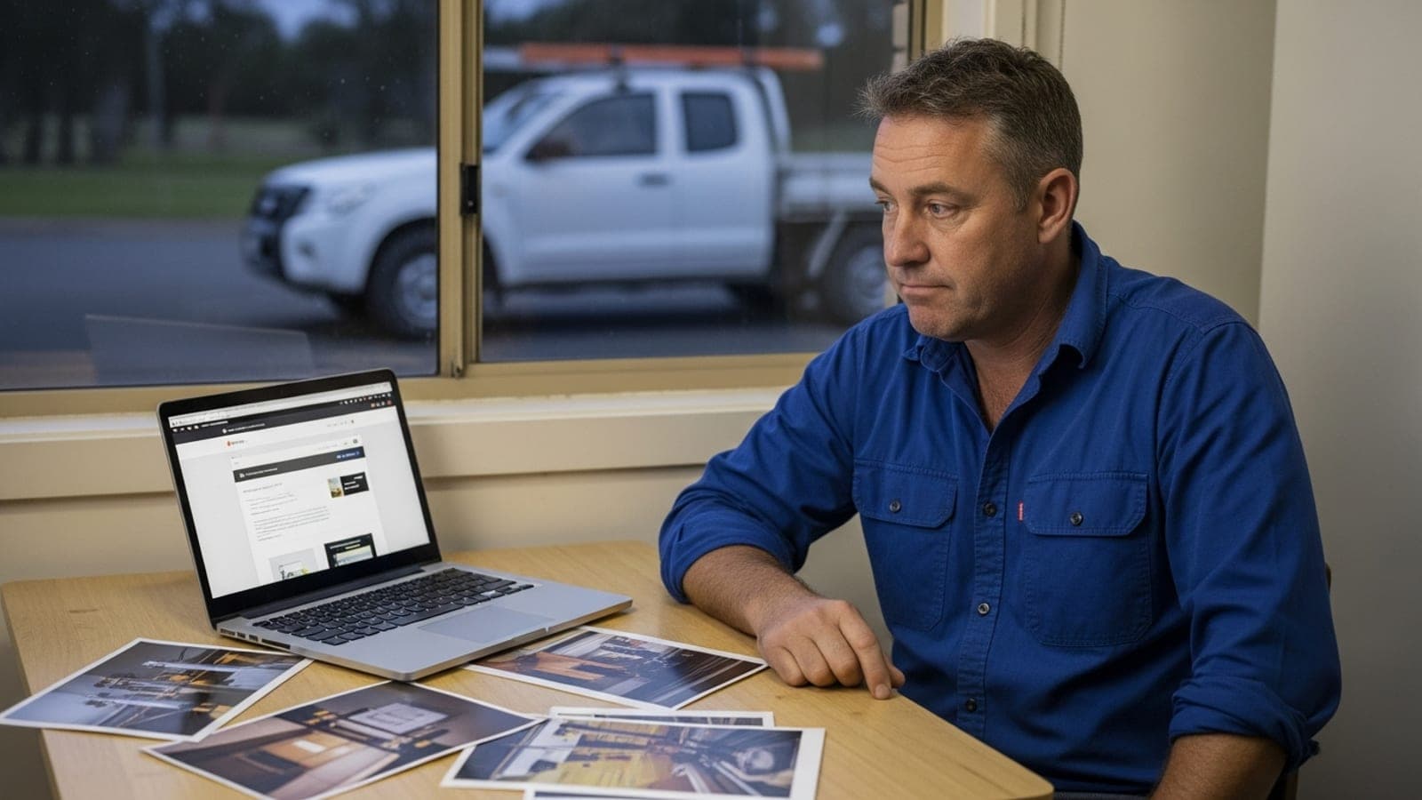 A New Zealand tradesman at a kitchen table comparing a bland website template on his laptop with printed photos of real job work, ute parked outside.