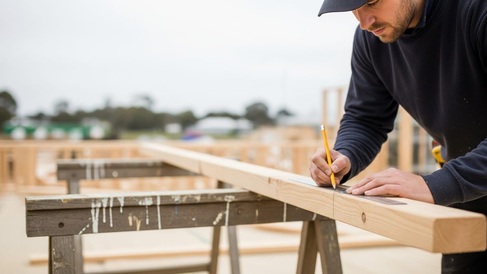 A New Zealand carpenter marking a cut line on framing timber with a pencil and square on a sawhorse at an outdoor building site.