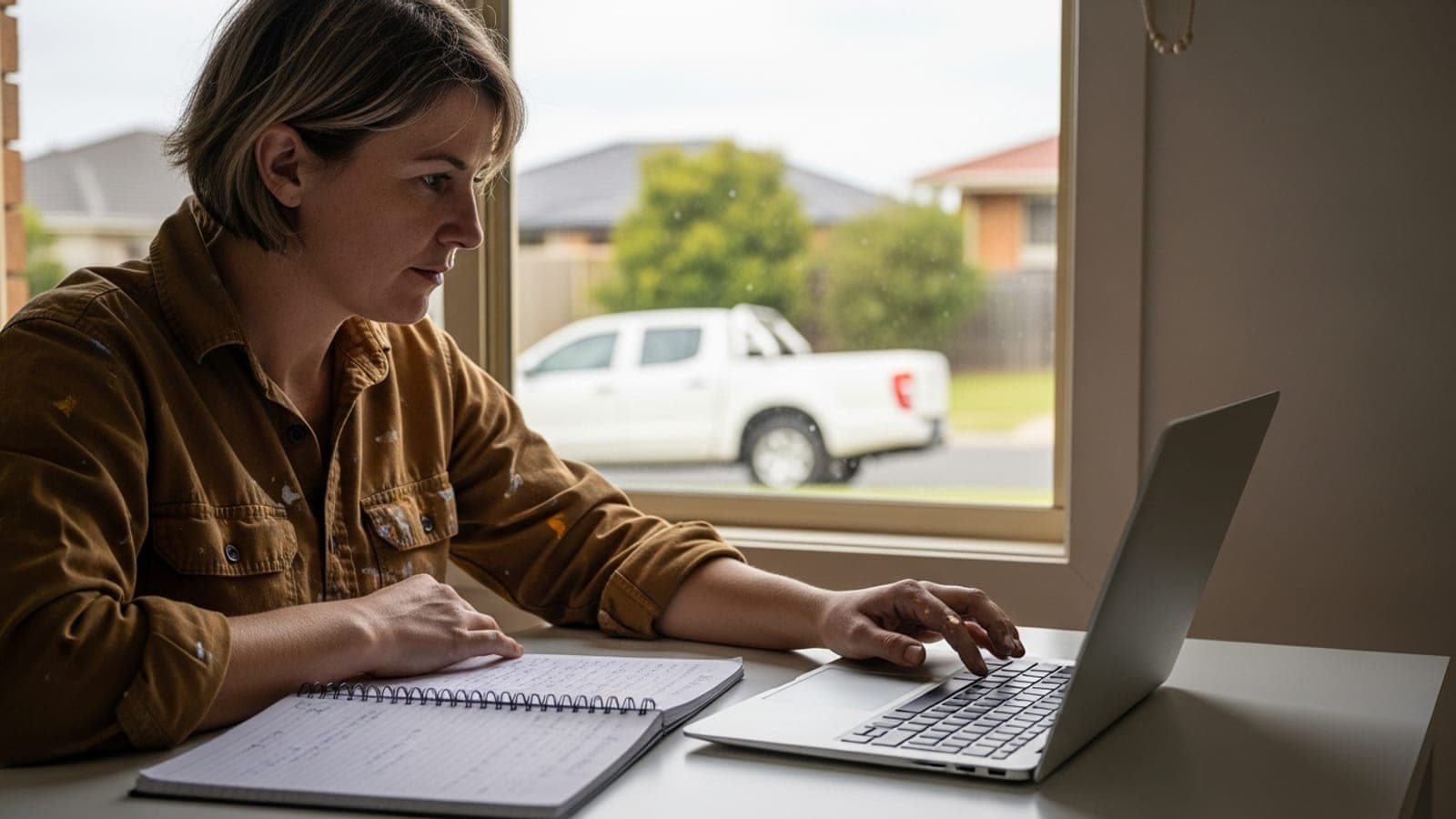 A New Zealand tradeswoman at a kitchen table editing a short message on a laptop with a notebook of job notes beside her, ute outside.