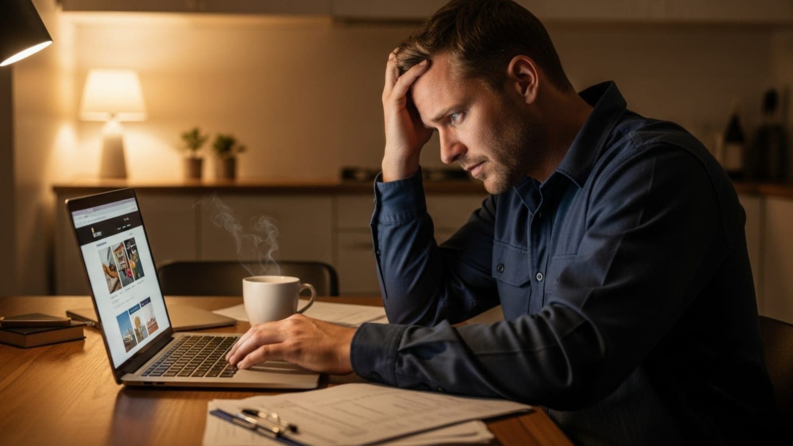 A New Zealand tradesman at his kitchen table at night, looking frustrated as he tries to build his own website on a laptop.