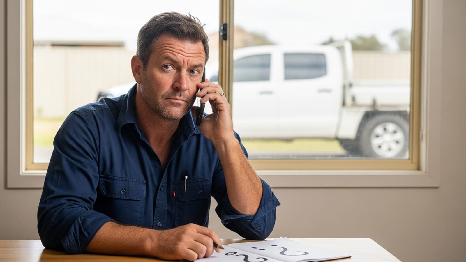 A New Zealand tradesman looking sceptical at a phone call, notepad ready with questions about an SEO pitch.