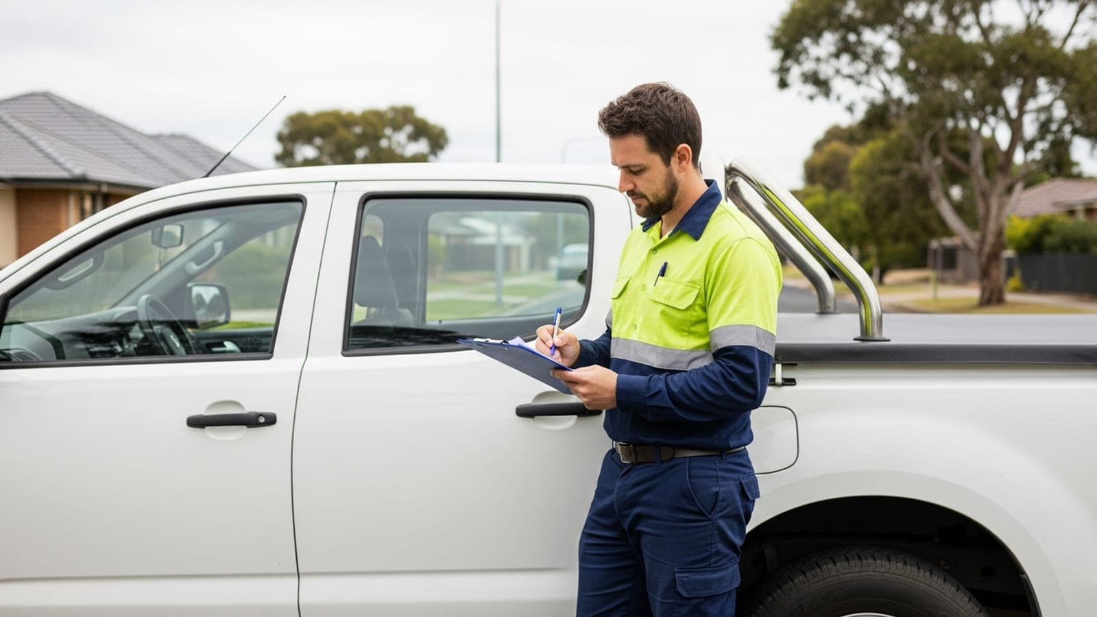 A New Zealand plumber reviewing his business registration paperwork beside his work ute on a suburban street.