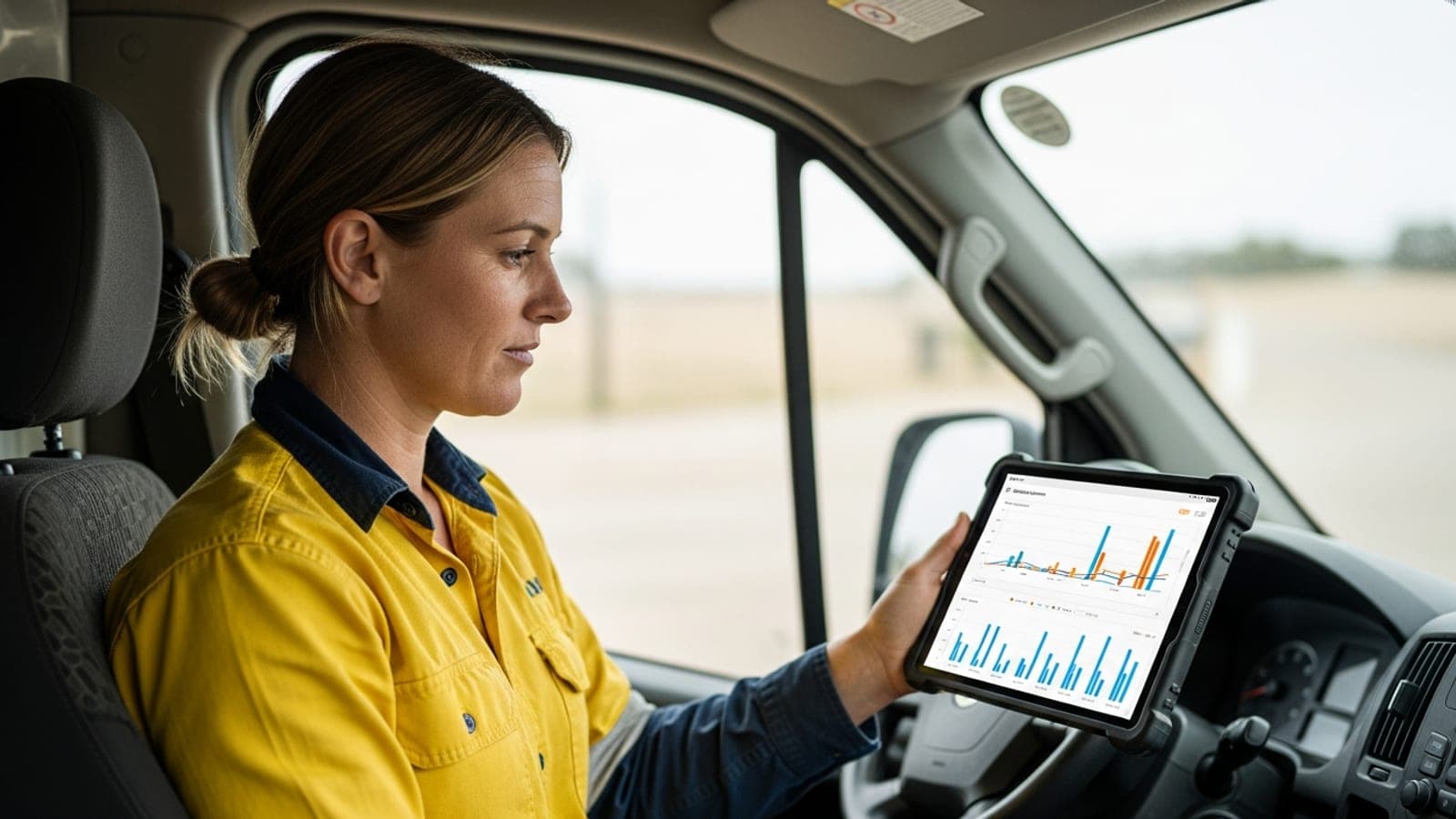 A New Zealand tradeswoman checking Facebook ad performance charts on a tablet inside her work van.