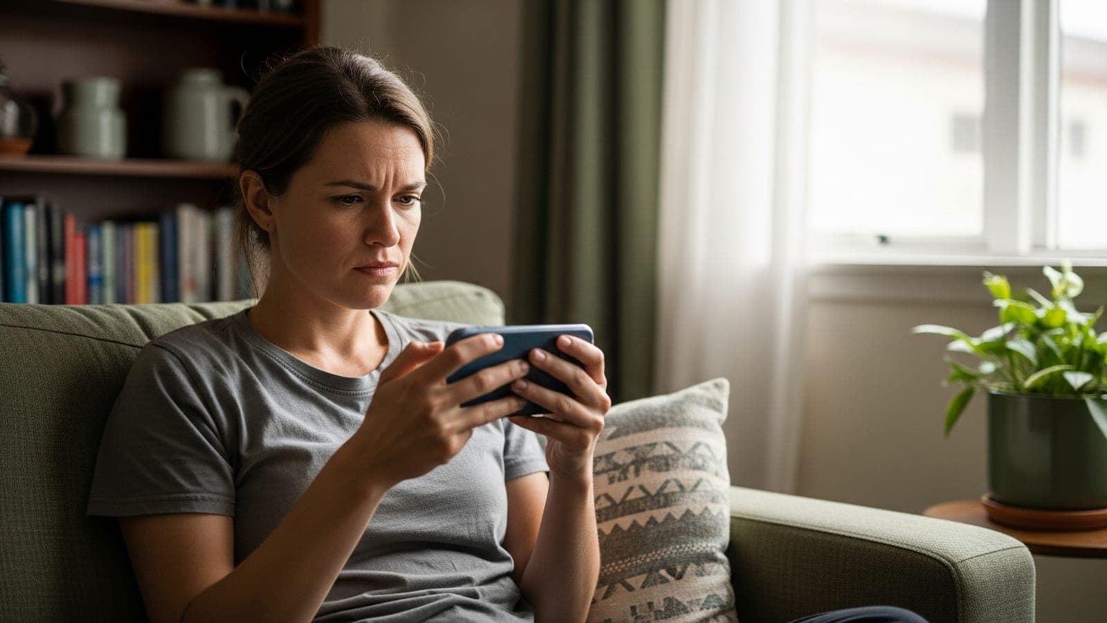 A New Zealand homeowner sitting on her sofa, searching for a local tradesperson on her phone with a frustrated expression.