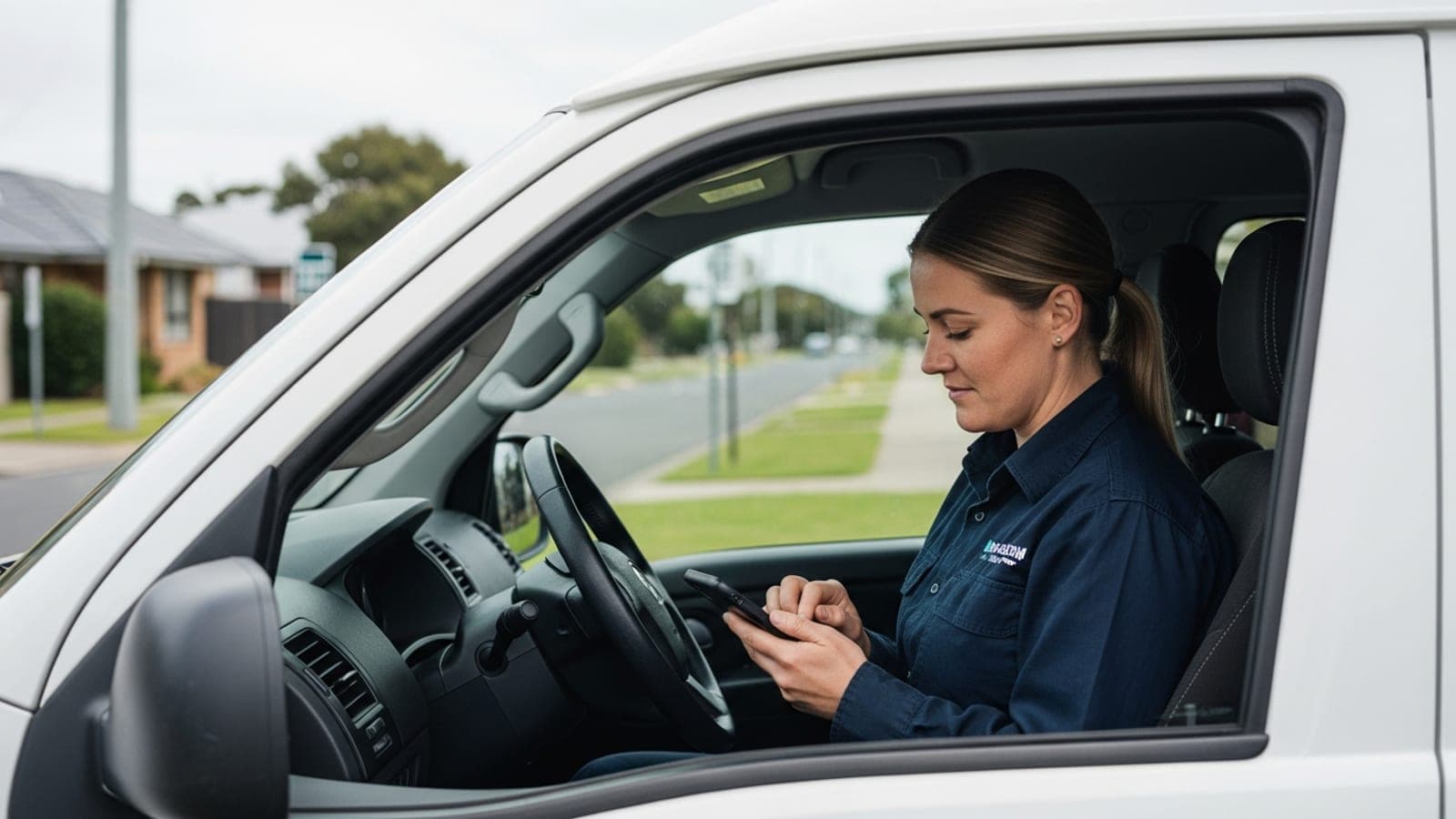 A New Zealand electrician in a navy work uniform sitting in the cab of her van in a suburban street, updating her business details on a phone.
