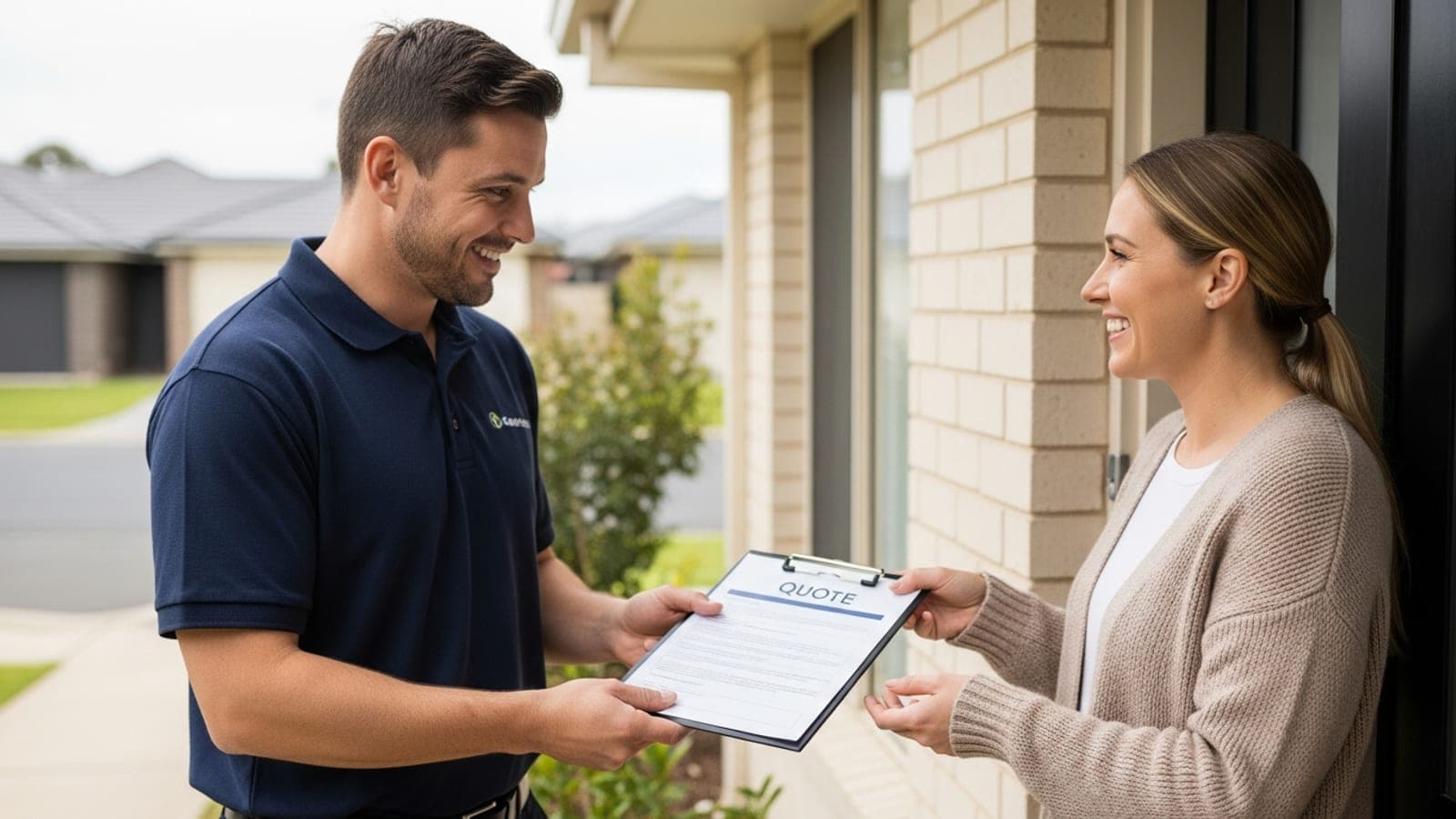 A New Zealand tradesman handing a printed quote on a clipboard to a smiling homeowner at her front door.