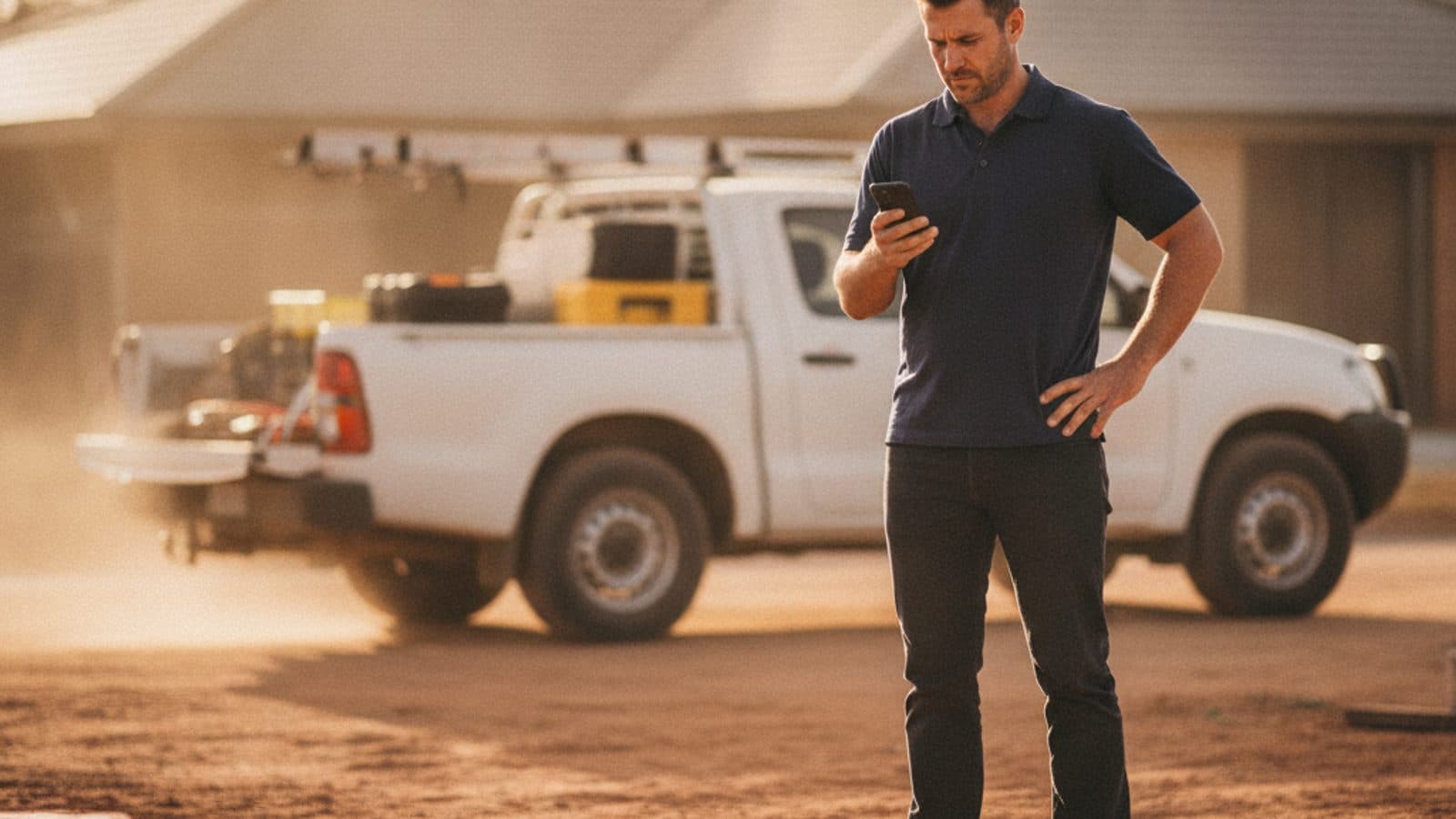 A New Zealand tradesman reviewing Google Ads search results on his phone at a worksite.