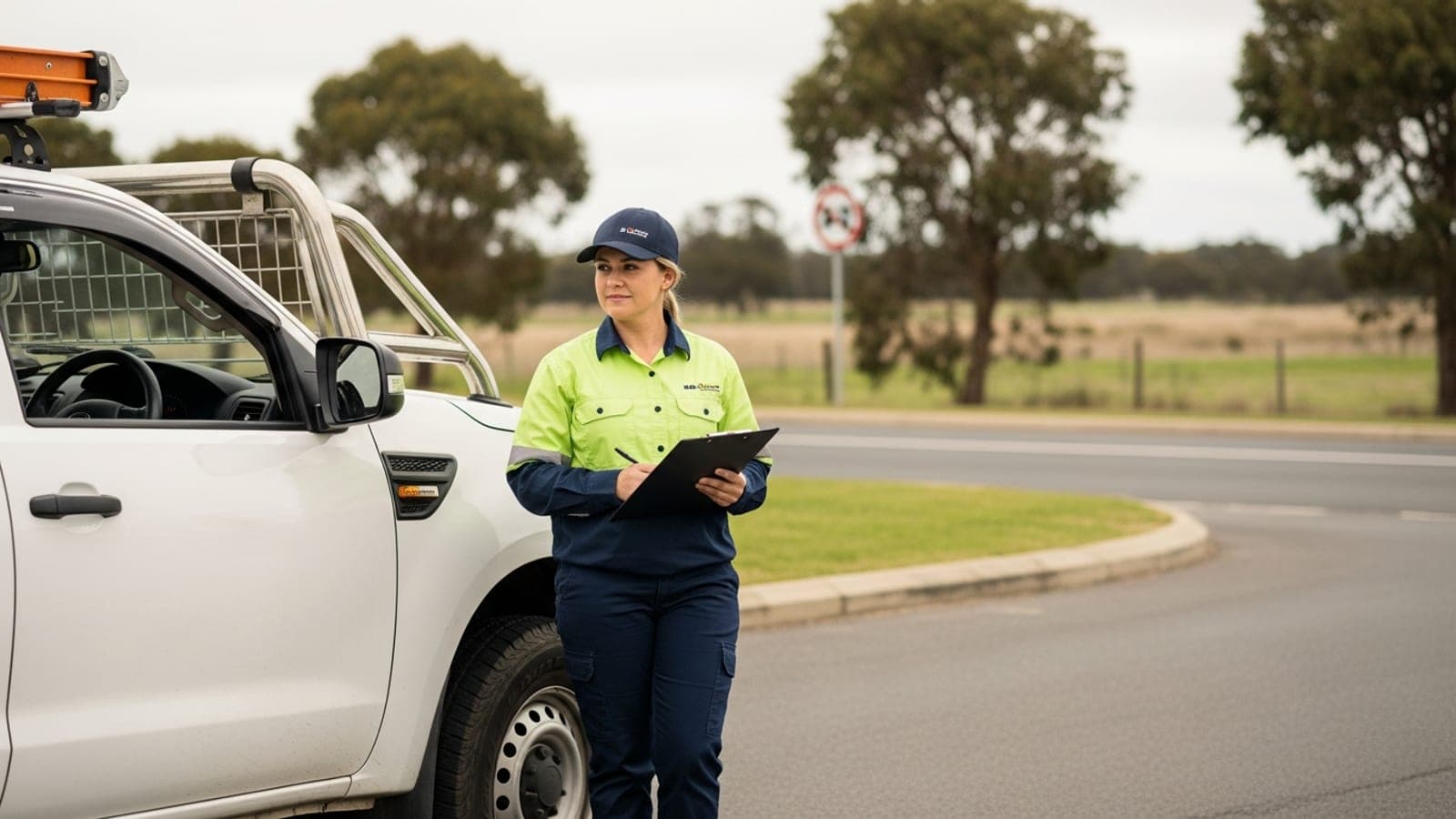 A New Zealand tradeswoman in clean workwear standing next to a plain unmarked white ute holding a clipboard.