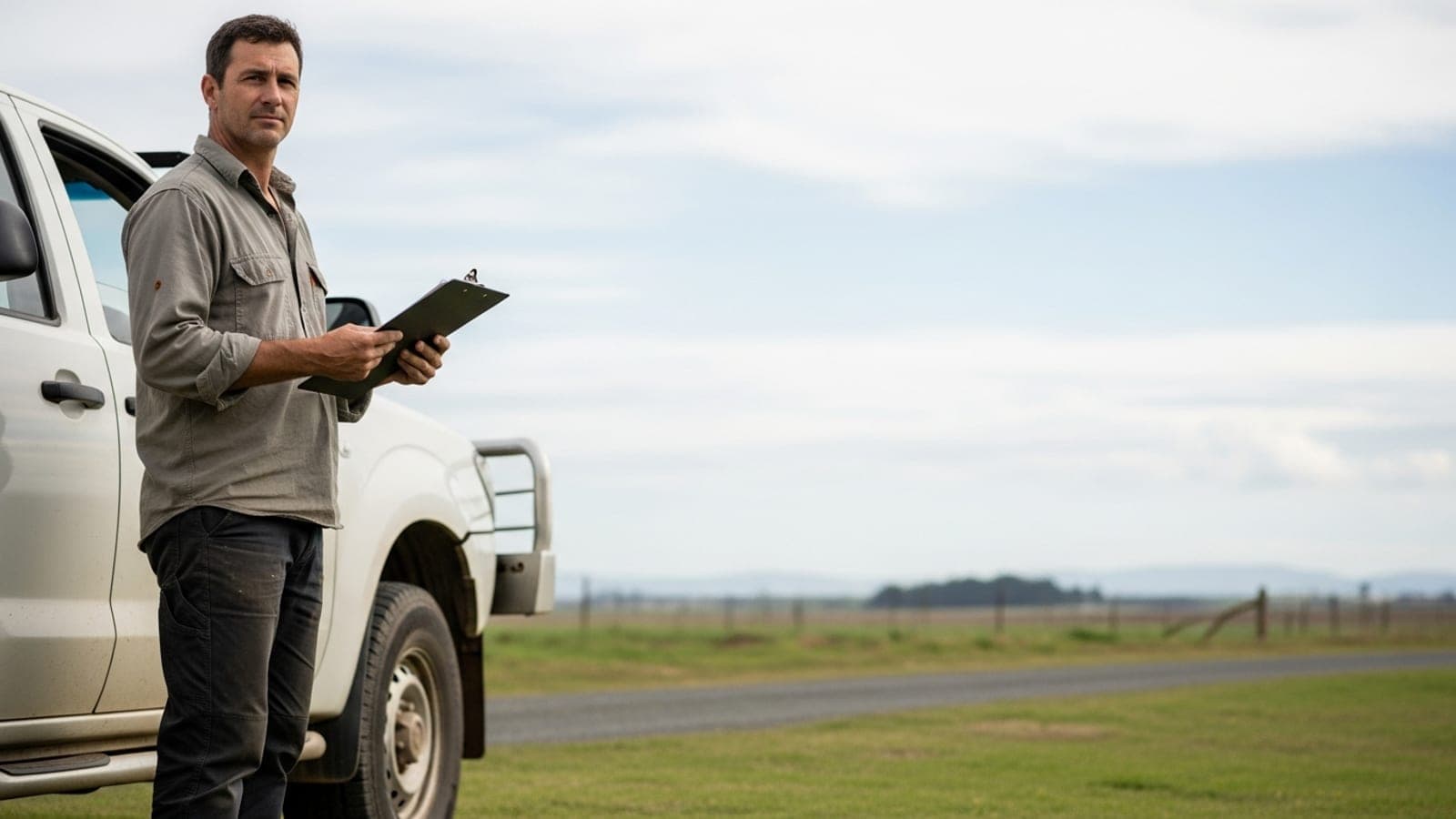 A New Zealand tradesperson in workwear standing beside a ute holding a clipboard on a rural job site.