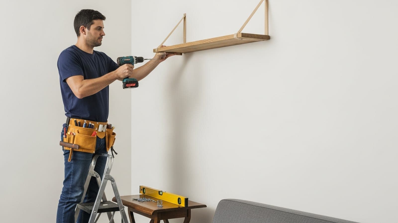 A New Zealand handyman in a tool belt standing on a step stool, using a cordless drill to mount a floating timber shelf on a living-room wall, a spirit level and screws on a side table beside him.