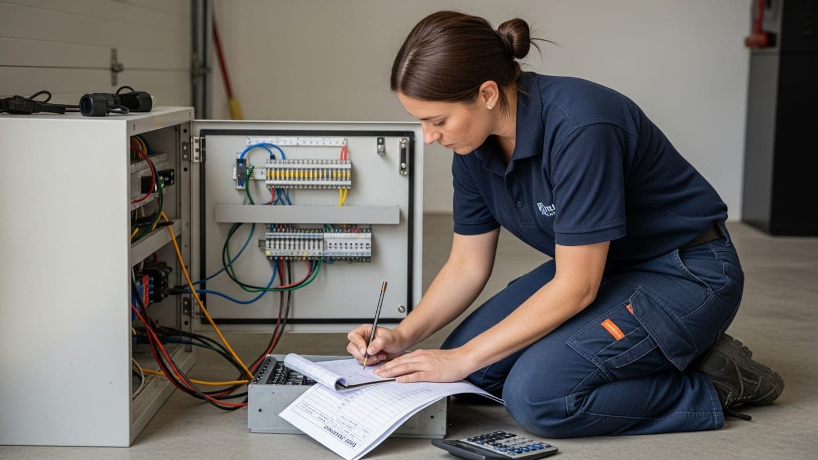 A New Zealand female electrician kneeling on a garage floor beside an open switchboard, writing figures onto a paper quote pad balanced on her knee, a pencil and calculator resting on the concrete beside her.
