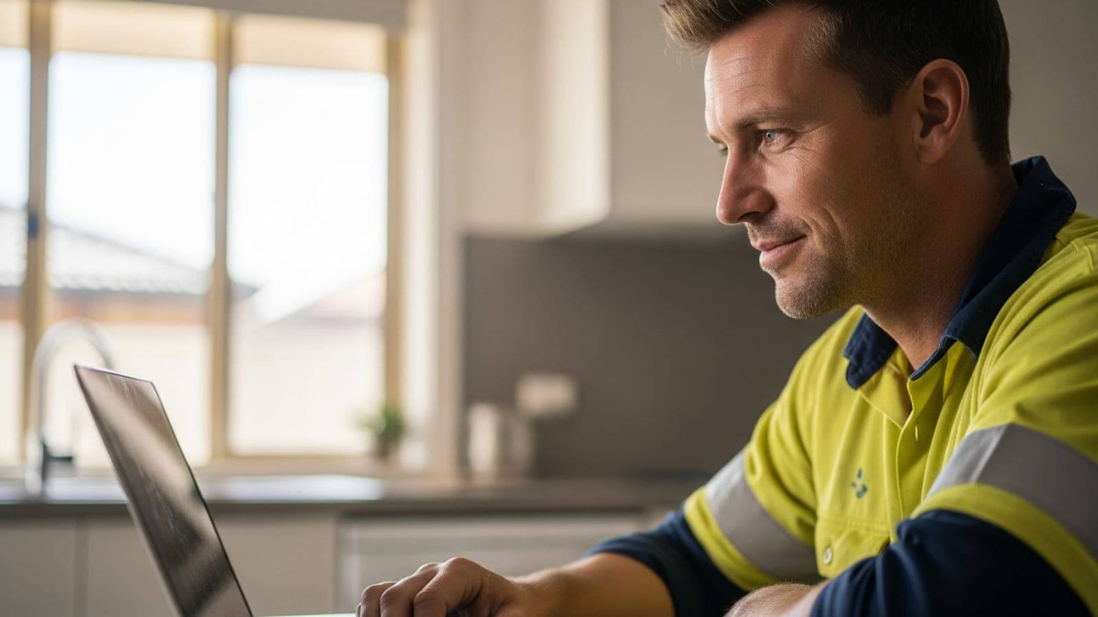 A New Zealand tradie in hi-vis sitting at his kitchen table setting up his Google Business Profile on a laptop.