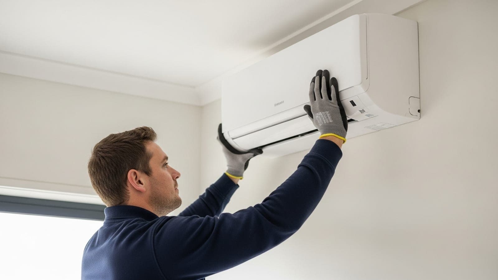 A New Zealand air conditioning installer mounting a high-wall split-system indoor unit onto an interior wall during a fit-off.
