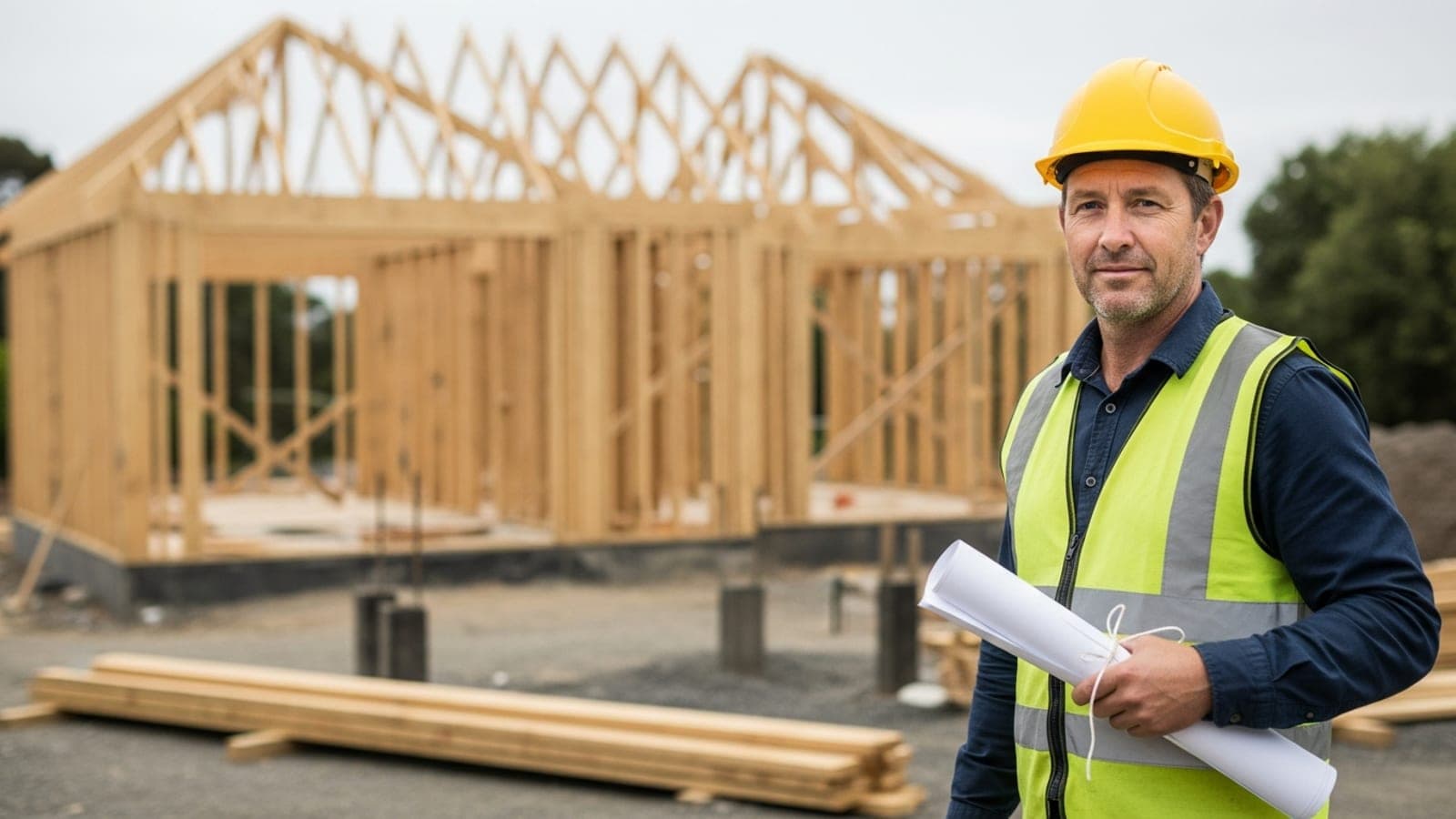 A New Zealand tradie builder in a hi-vis vest and hard hat holding rolled house plans in front of a timber-framed home extension on a suburban Auckland site.