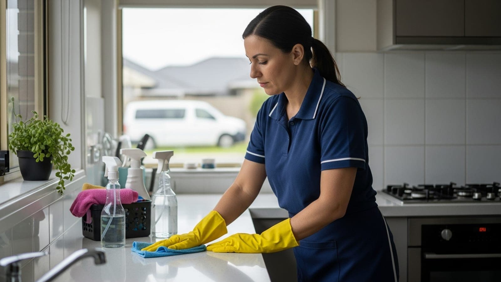 A New Zealand cleaner in a navy polo and yellow gloves wiping a white kitchen benchtop with a blue microfibre cloth, a caddy of spray bottles beside her and a plain white van parked outside the window.