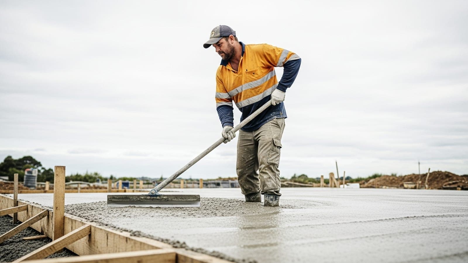 A New Zealand concreter in hi-vis bull-floating a freshly poured house slab between timber formwork.