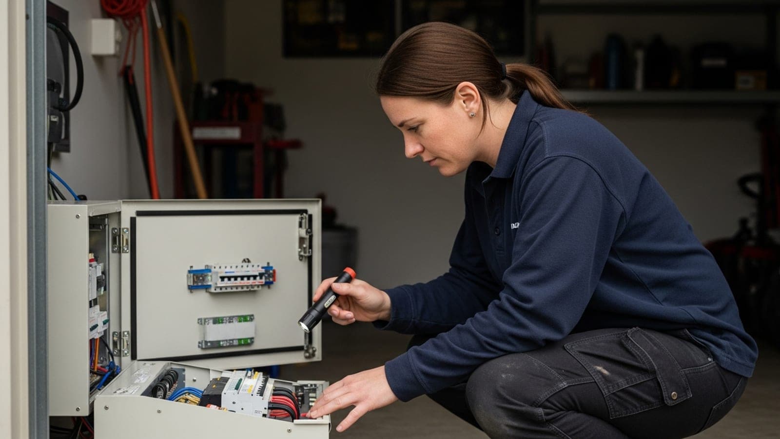 A female New Zealand electrician crouched at an open switchboard in a suburban garage, checking circuit breakers with a torch.