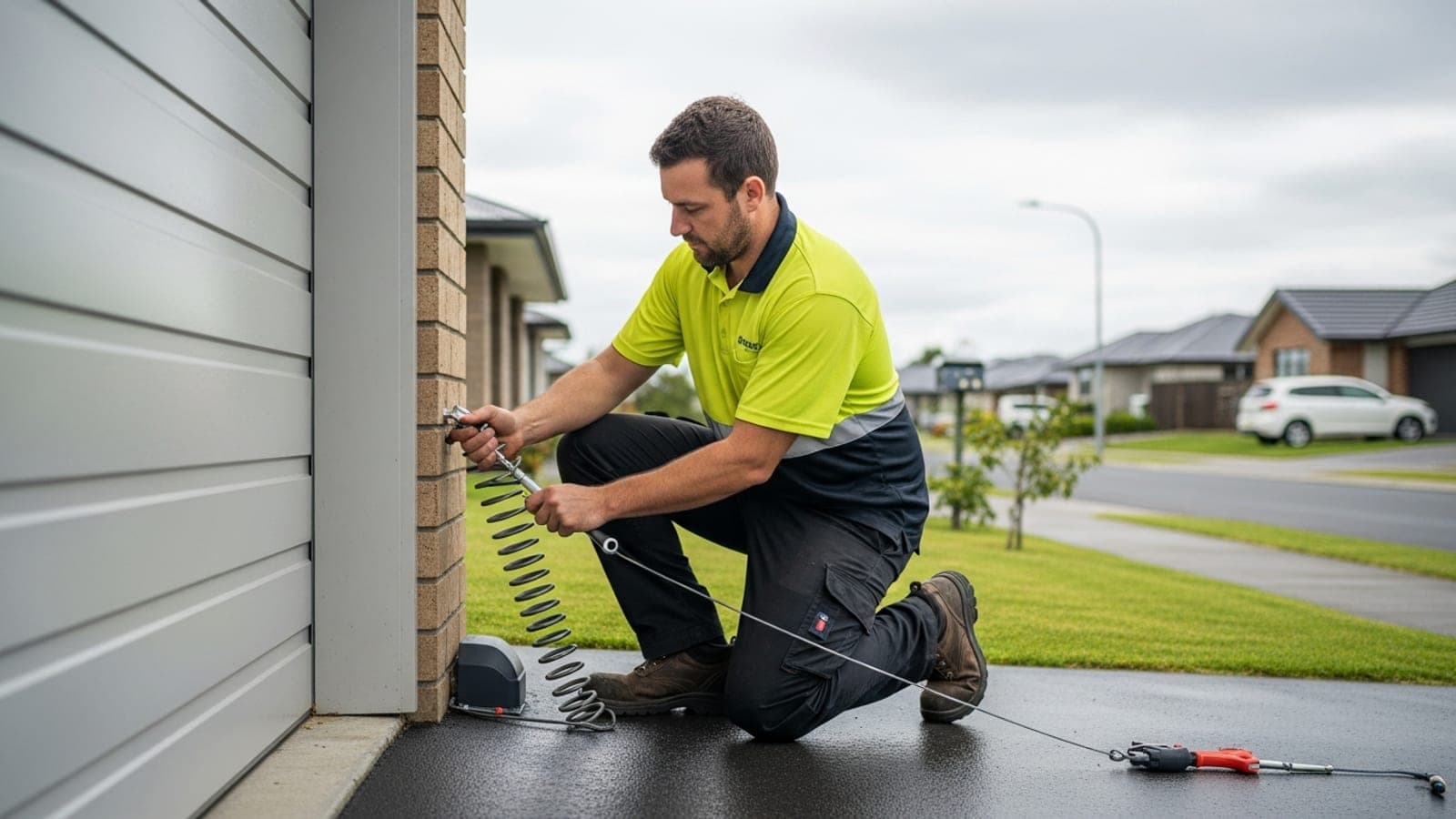 A New Zealand garage door installer in a hi-vis polo crouched on a suburban driveway beside an open sectional garage door, checking the torsion spring and cable with a socket wrench.