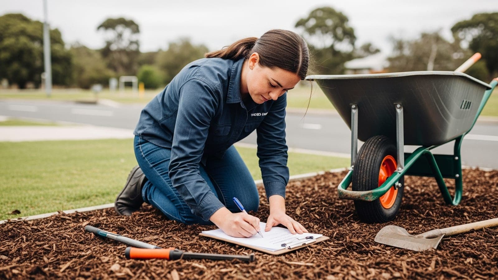 A New Zealand landscaper kneeling at a freshly mulched garden bed, writing a job quote on a clipboard beside her wheelbarrow and tools.