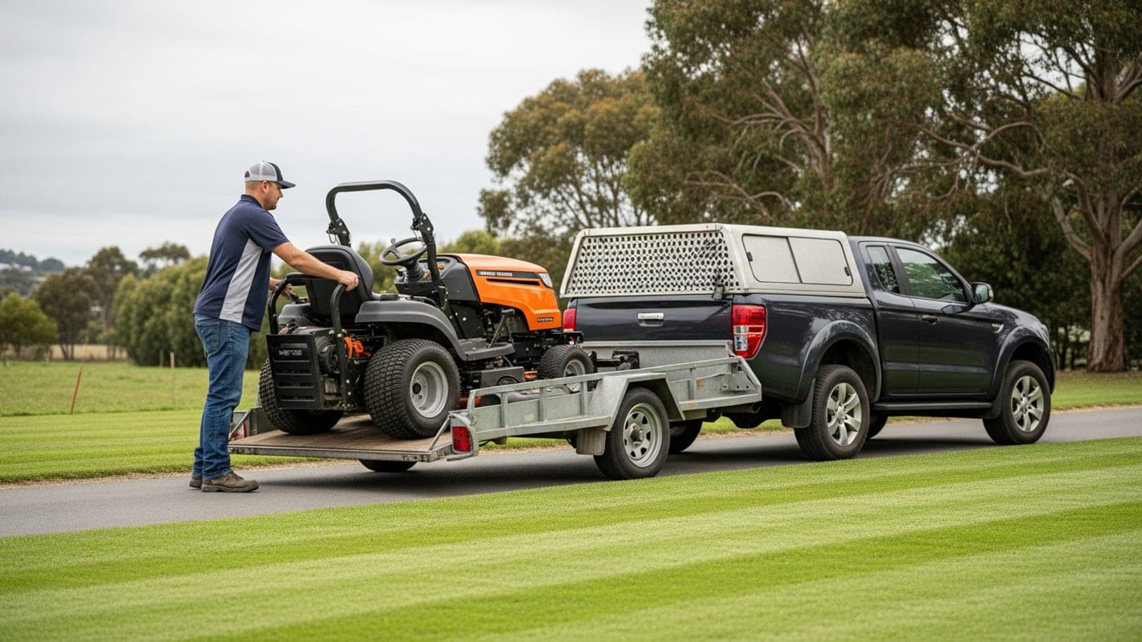A New Zealand lawn care professional loading a ride-on mower onto the trailer behind his ute, a freshly mown striped lawn in the foreground.