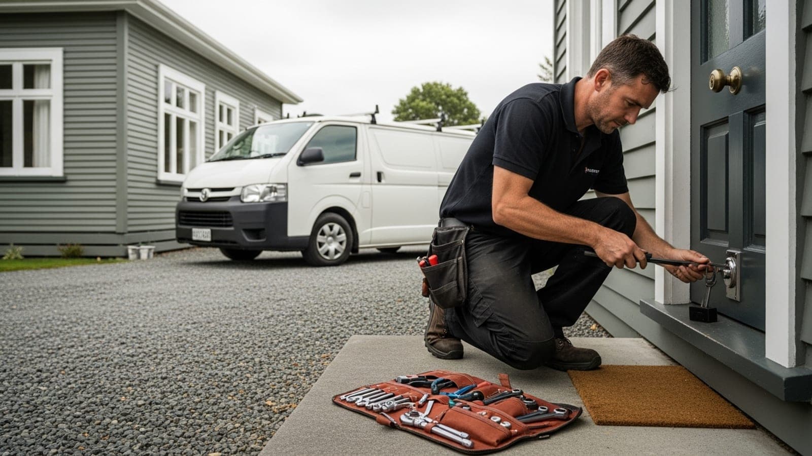 A New Zealand locksmith crouched at a weatherboard villa front door, working an external deadlock with lock picks and a tension wrench, tool roll open on the doorstep and a plain white van in the driveway behind him.