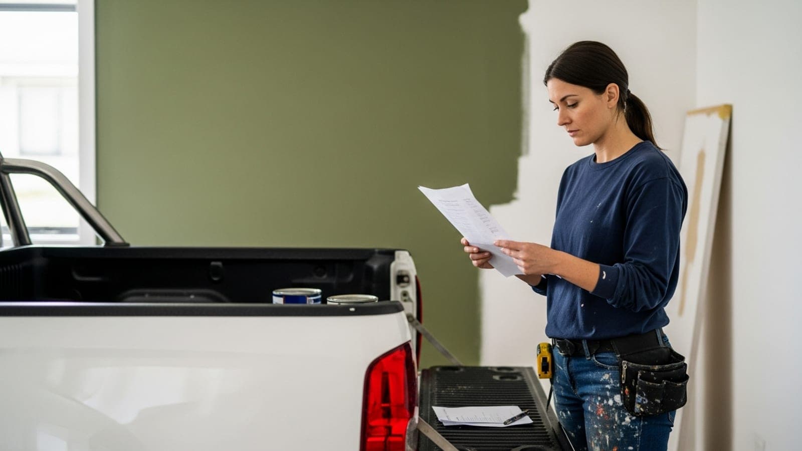 A New Zealand tradeswoman painter at the open tailgate of her plain white work ute, checking a paper quote, a half-painted feature wall behind her.