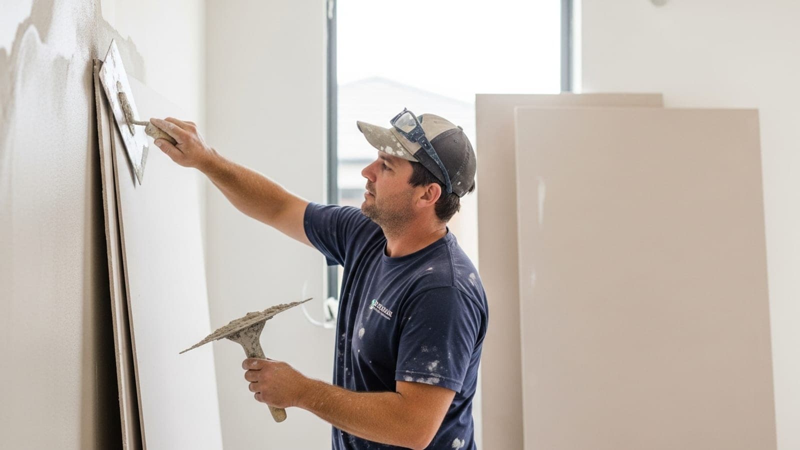 A New Zealand plasterer skimming a coat of plaster onto an interior wall with a trowel and hawk, sheets of plasterboard leaning against the wall on a suburban Auckland renovation site.
