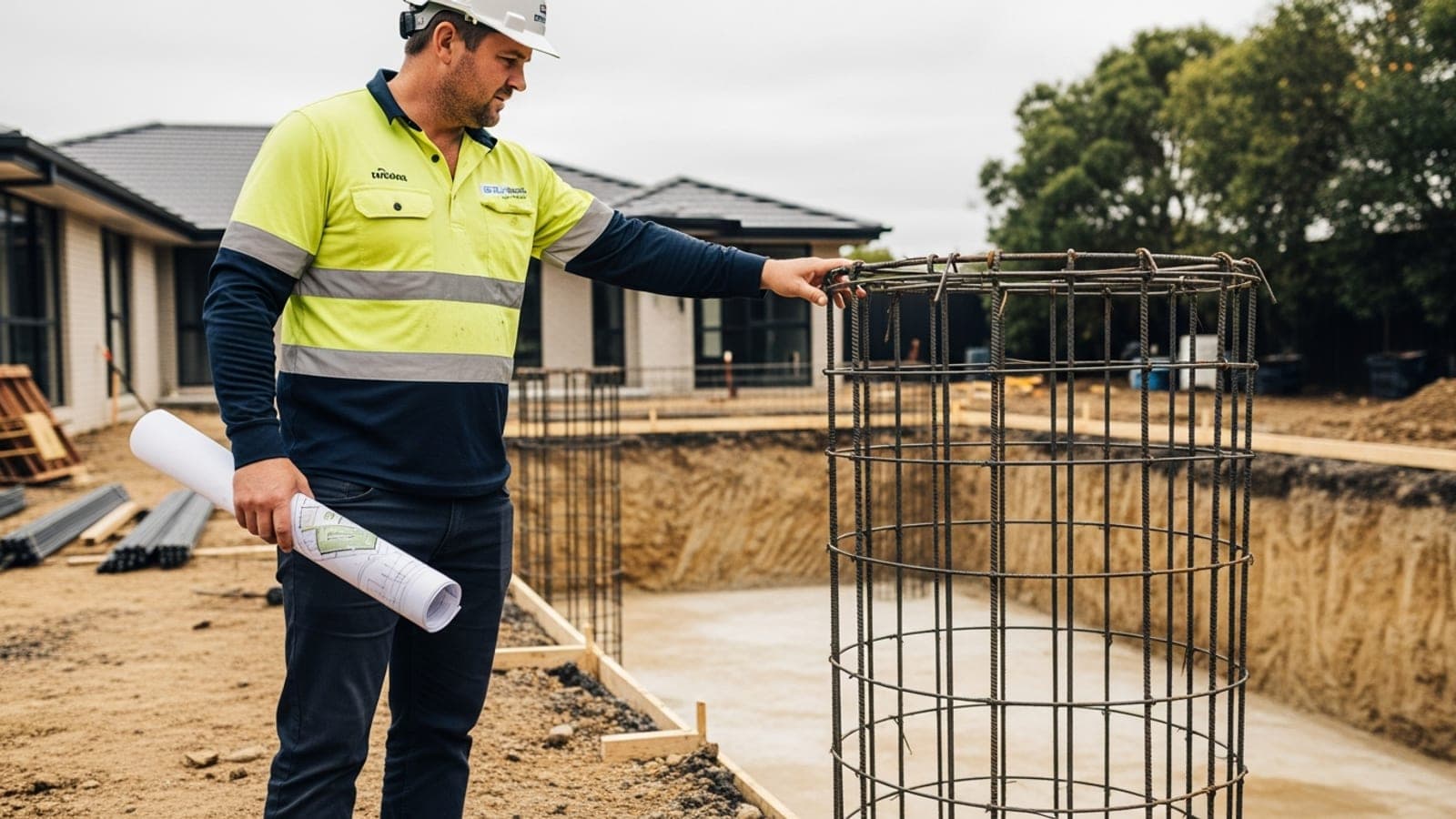A New Zealand pool builder in hi-vis inspecting the steel reinforcement cage at a freshly excavated inground pool site, holding a rolled site plan.