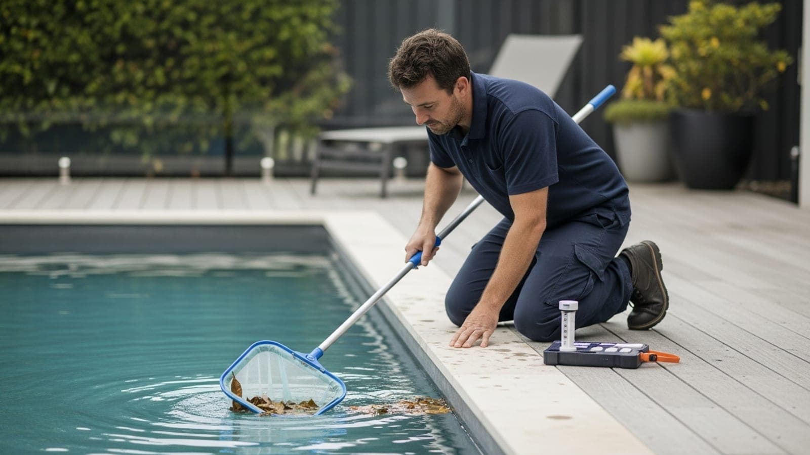 A New Zealand pool cleaner kneeling at the edge of a backyard swimming pool, skimming leaves from the surface with a telescopic net, a water-testing kit on the deck beside him.