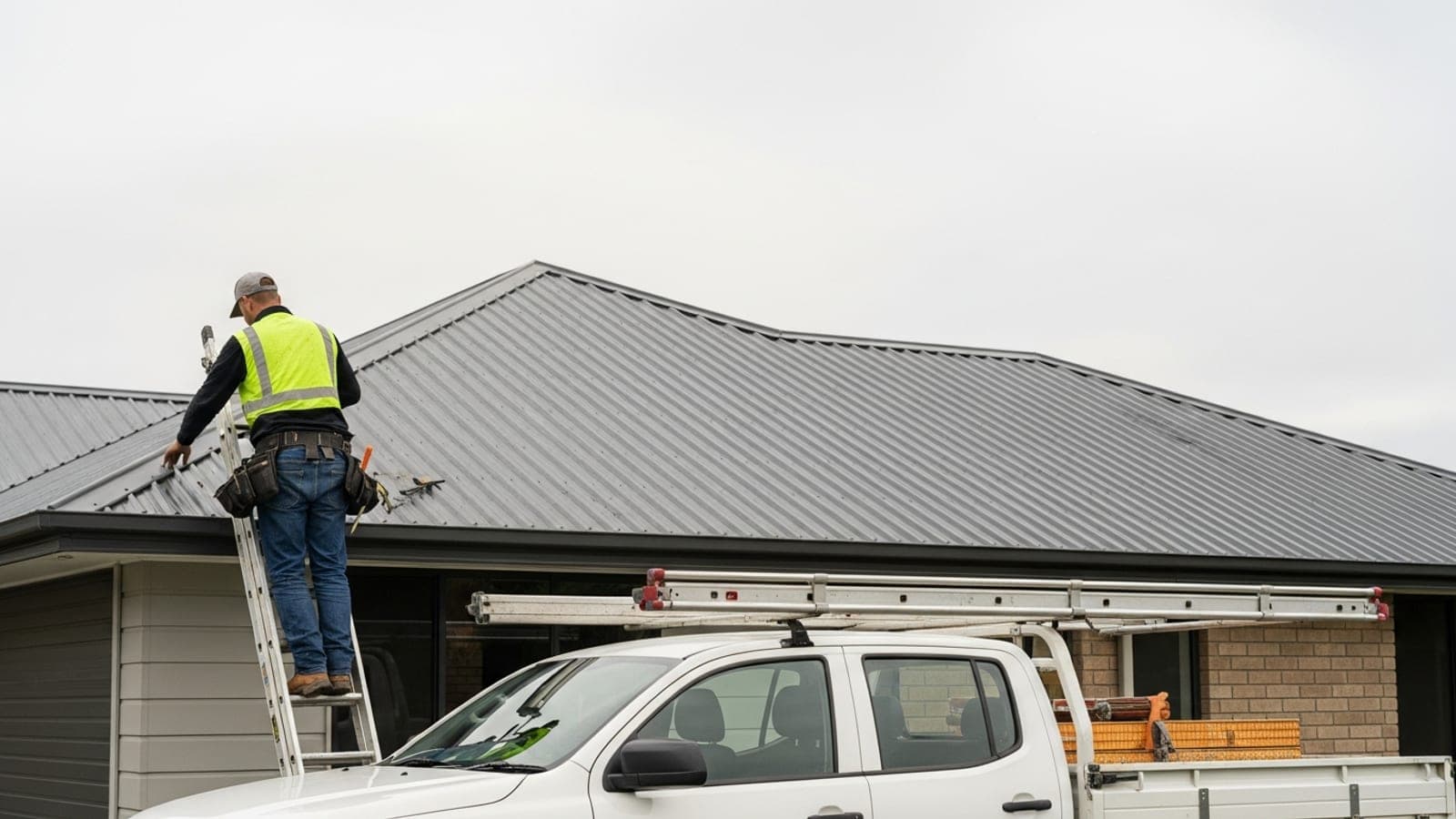 A New Zealand tradie roofer on a ladder inspecting a long-run Colorsteel roof after a storm, his work ute parked in the driveway below.