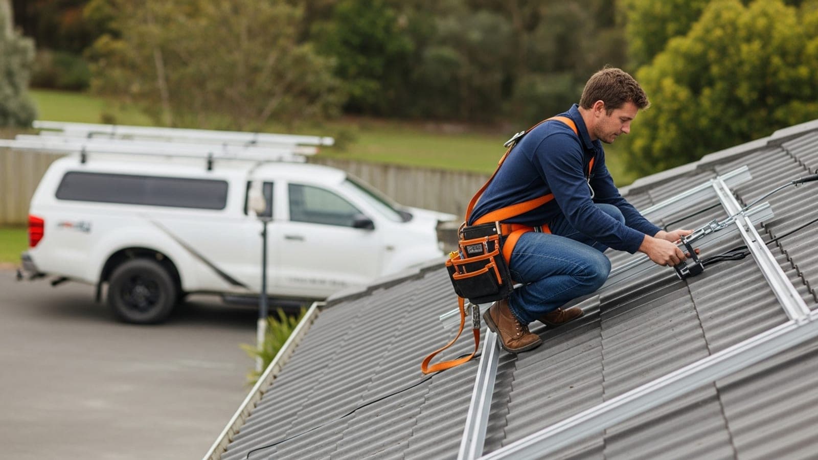 A solar installer crouched on a New Zealand tiled rooftop securing a solar panel mounting bracket, tool belt and safety harness on, an unmarked work ute in the driveway below.