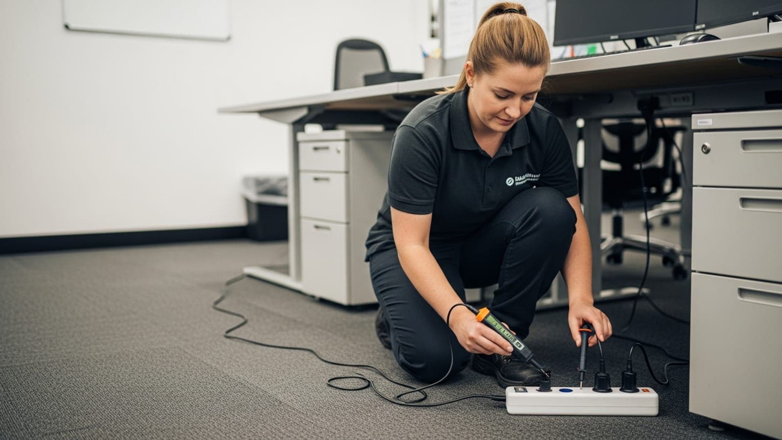 A New Zealand female test and tag technician in a plain unbranded polo with no logo kneeling beside an office workstation, using a handheld portable appliance tester on a power cord plugged into a power board on the floor, the frame filled edge to edge.