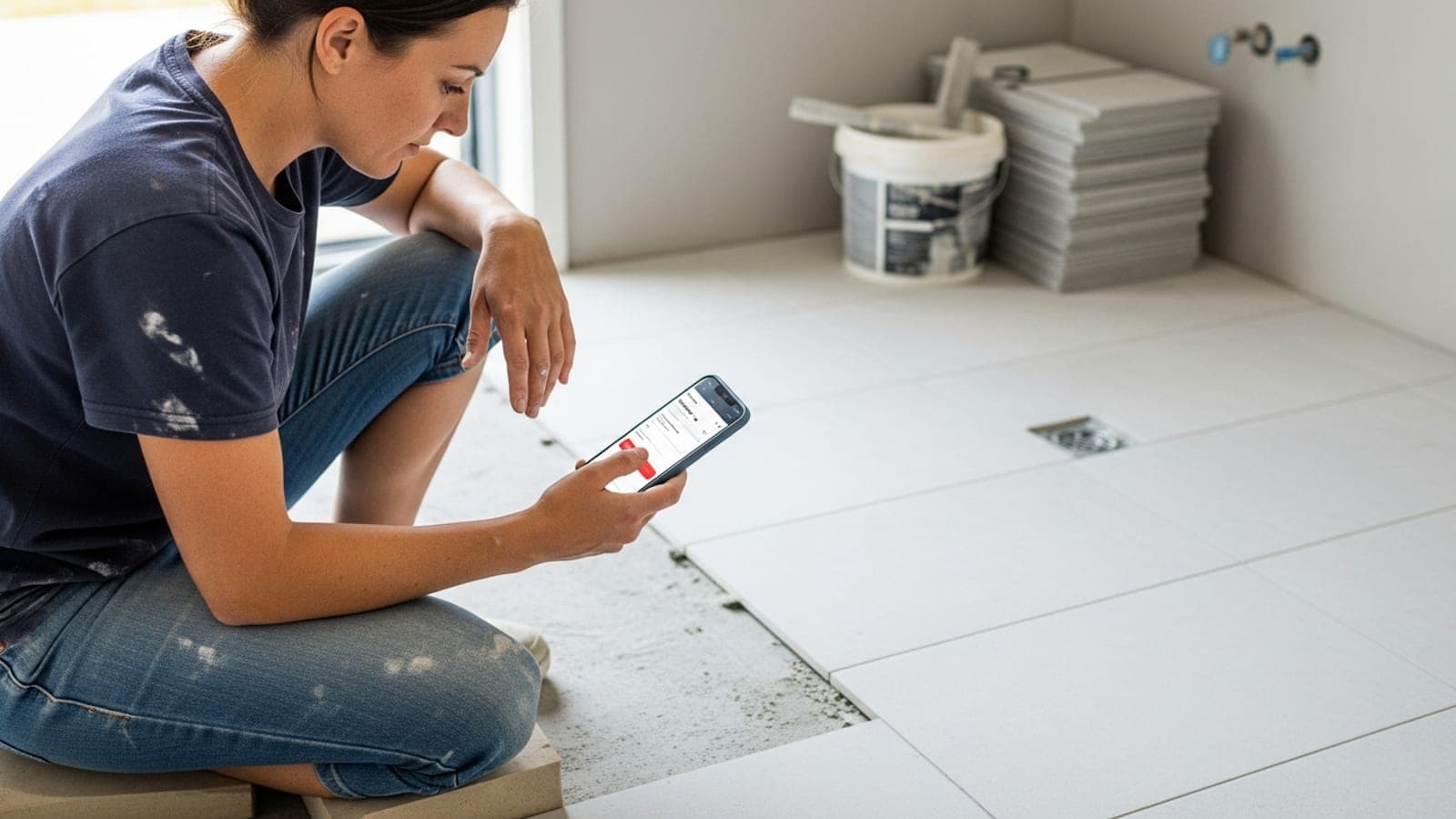 A female New Zealand tiler kneeling on a half-tiled bathroom floor, pausing to check a lead-platform app on her phone.
