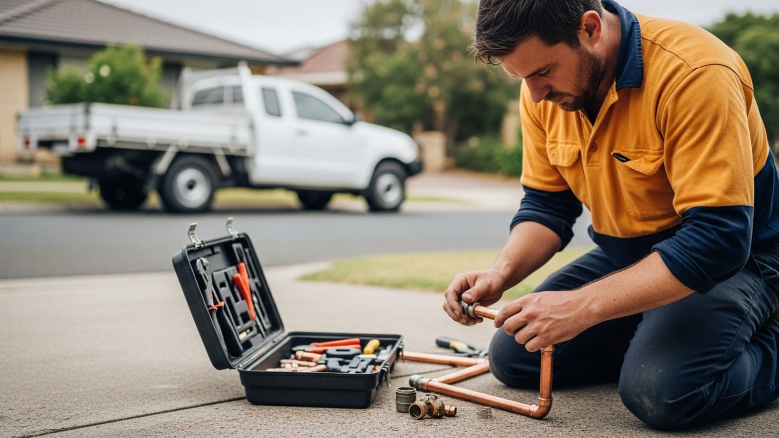 A New Zealand plumber in hi-vis kneeling on a suburban driveway with an open toolbox and pipe fittings, hands on the job while his website is maintained in the background.