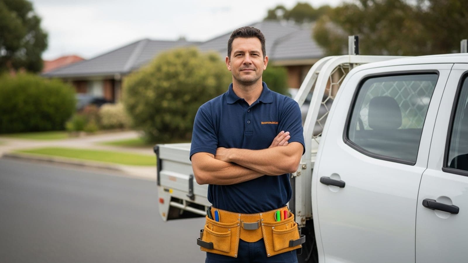 A confident New Zealand tradesman with a tool belt, arms folded, standing beside his white work ute on a suburban street.