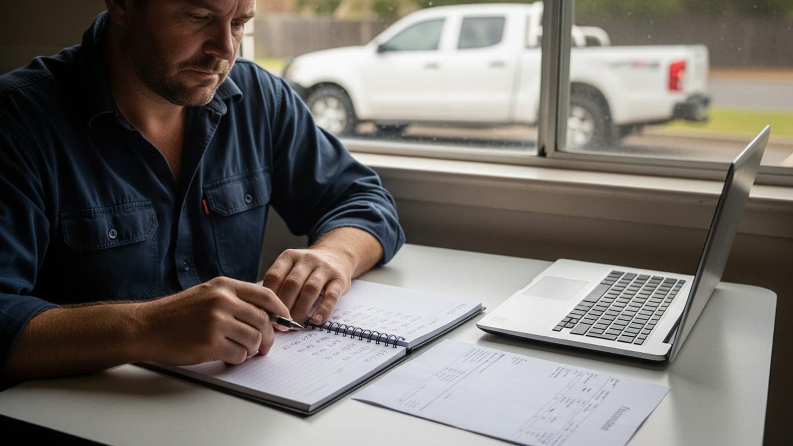 A New Zealand tradesman at a kitchen table reviewing a simple notebook budget and printed invoice, ute parked outside.