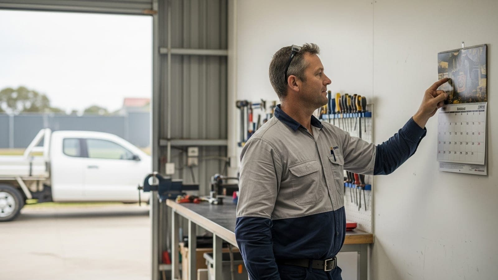 A New Zealand tradesman in a quiet workshop looking at a wall calendar, planning work for the slower weeks.