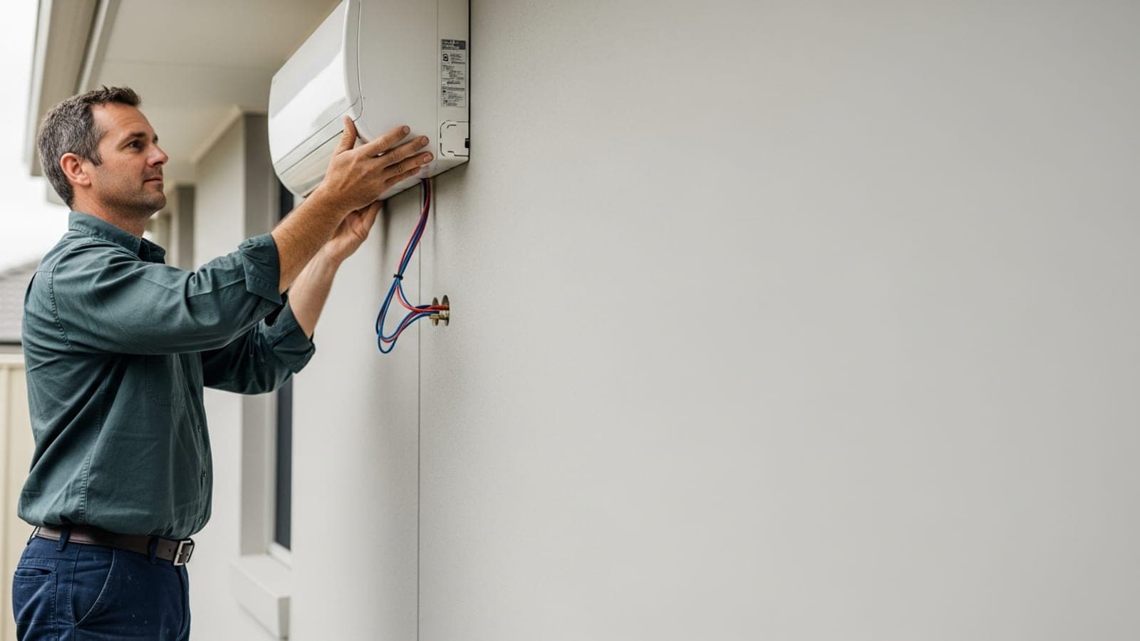 A New Zealand air conditioning installer mounting a split-system indoor unit on a suburban wall.