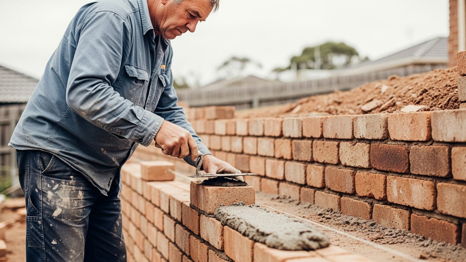 A New Zealand bricklayer laying bricks on a suburban retaining wall job.