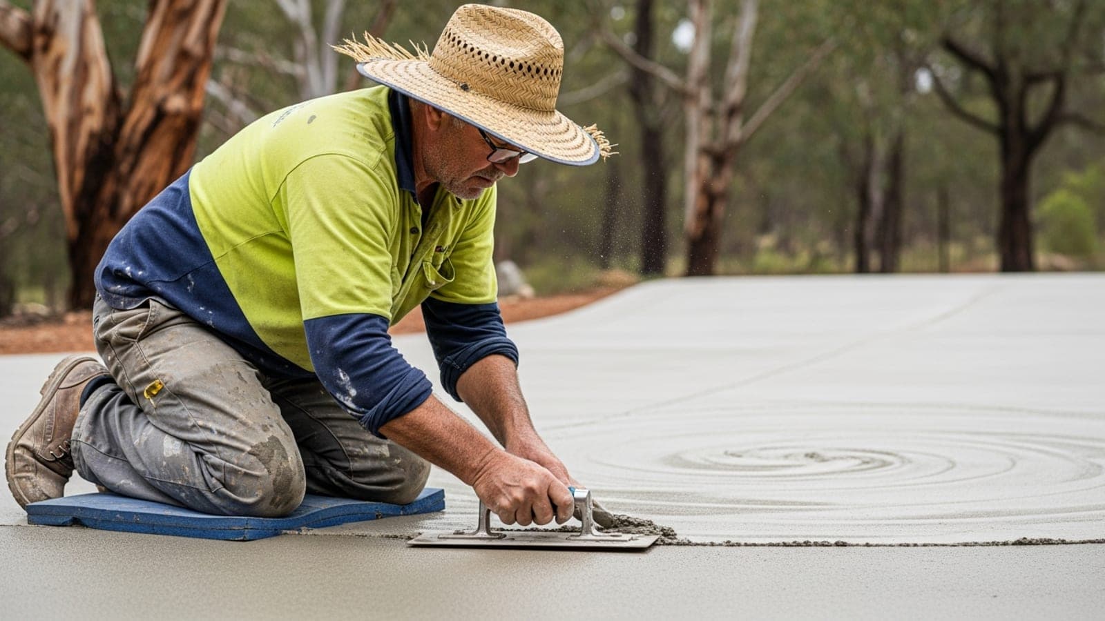 A New Zealand concreter finishing a decorative driveway pour with a trowel on a suburban job.