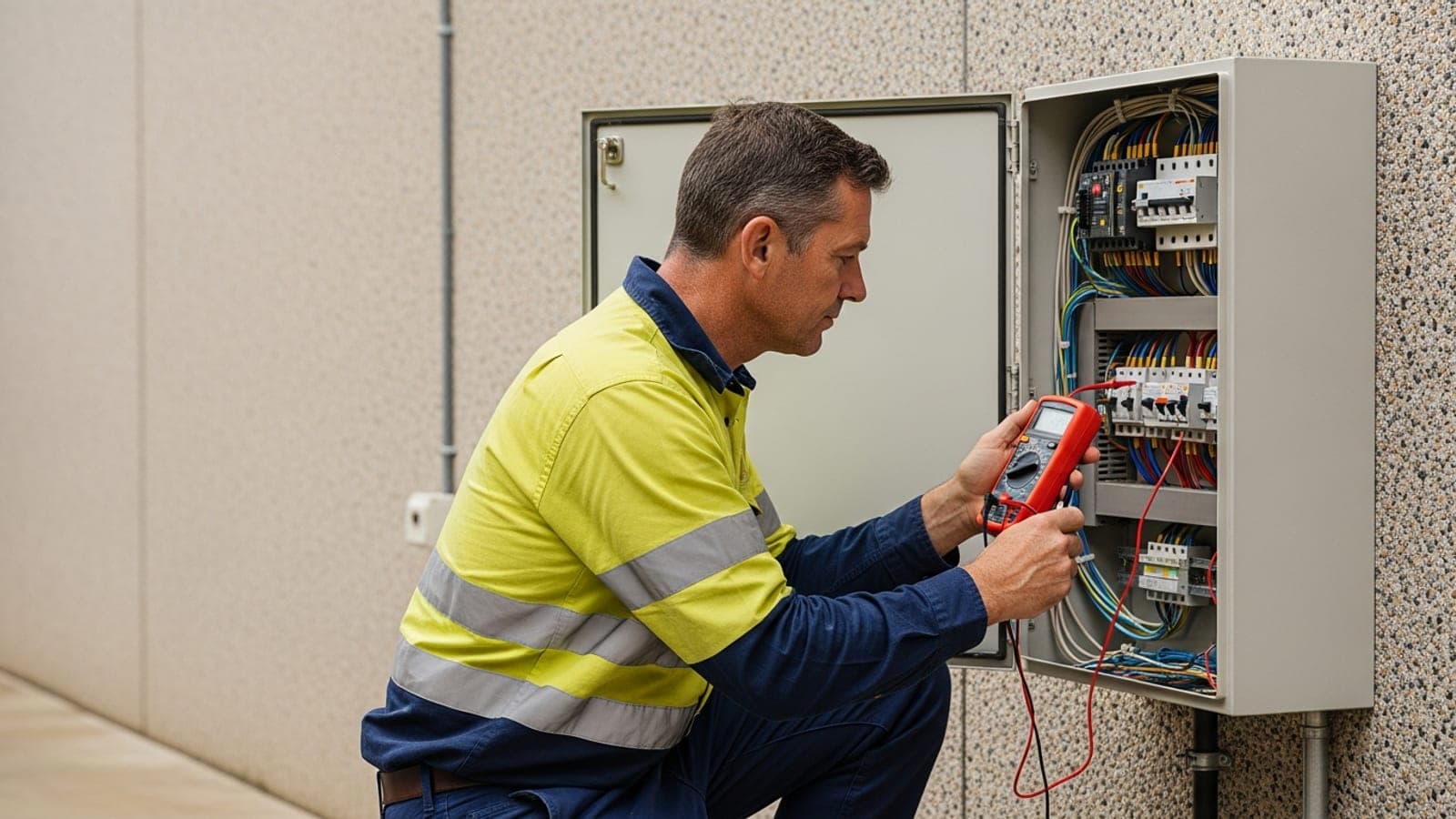 A New Zealand electrician in hi-vis working inside an open switchboard, testing a circuit with a multimeter.