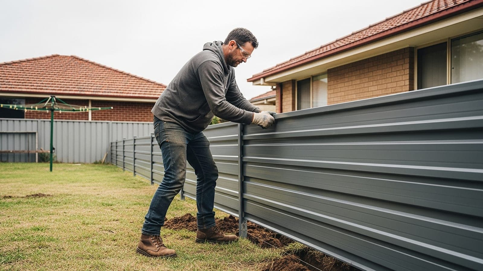 A New Zealand fencer installing a colorsteel fence panel on a suburban backyard job.