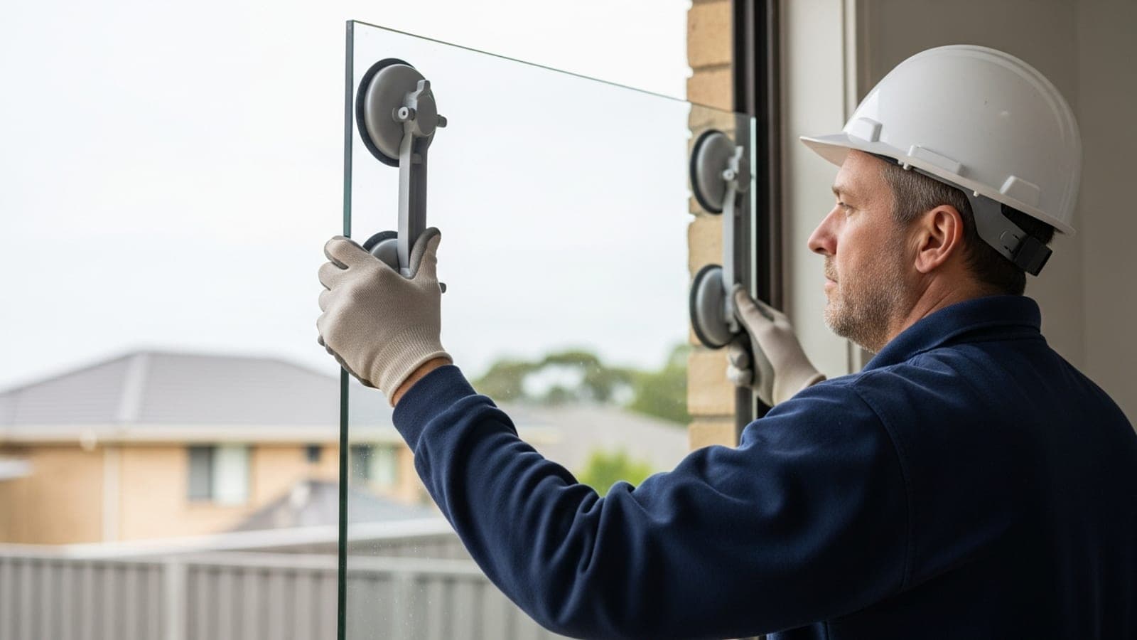 A New Zealand glazier fitting a new window pane on a suburban home renovation job.